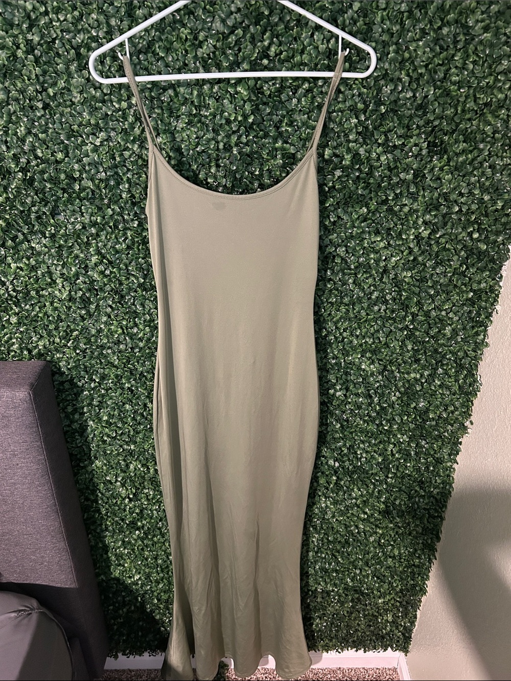 Sleek Olive Slip Dress (SKIMS Dupe) with Spaghetti Straps